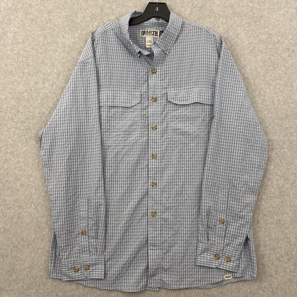 Duluth Shirt Mens L Tall Blue Untucked Relaxed Fit Long Sleeve Plaid Fishing